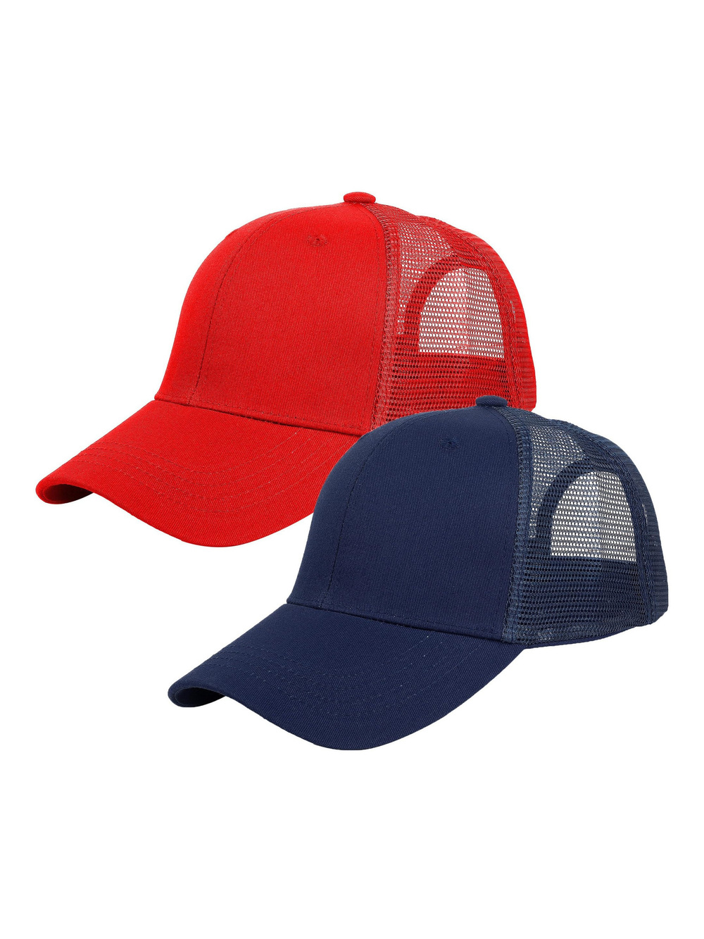 Trucker Hat Baseball Cap Structured Plain Design 6 | 2 Pack, Navy, Red | Size OS